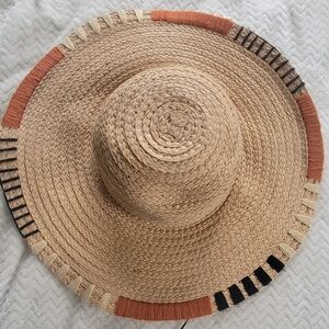 Woven Straw Sun Hat with Black and Rust Fringe
